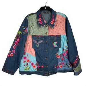 Berer by Takako Sakon Embroidered Denim Jacket XL Floral Butterfly Rhinestone